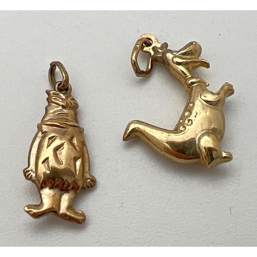 28 - 2 Hanna Barbera 'The Flintstones' cartoon character gold charm/pendants. Fred Flintstone and Dino Di... 