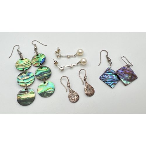 46 - 4 pairs of silver and white metal drop style earrings. To include 2 pairs of abalone shell earrings ... 