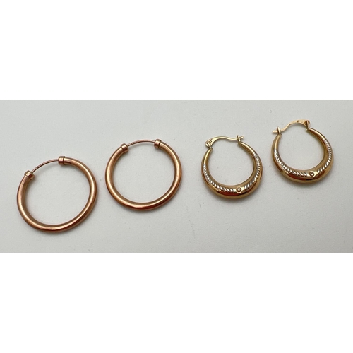 54 - 2 pairs of hooped earrings. A pair of 9ct gold hoop earrings with white gold pattern & clear stone d... 