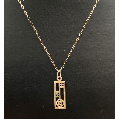 55 - An unmarked gold Rennie Mackintosh rose design rectangular pendant on a 16