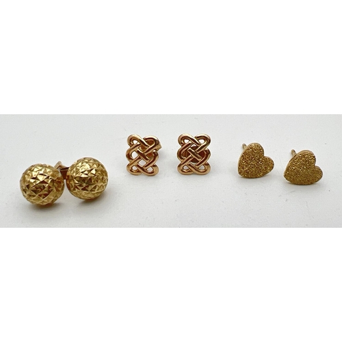 89 - 3 pairs of gold and yellow metal stud style earrings to include a pair of stardust hearts and Celtic... 