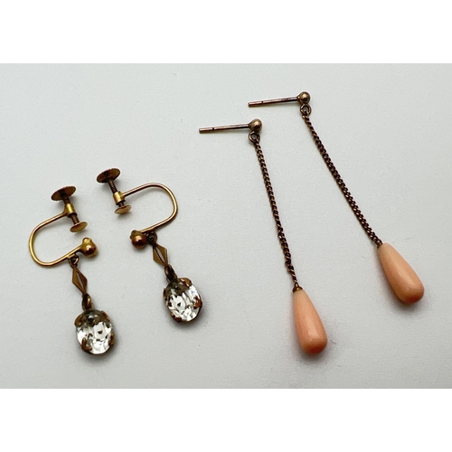 100 - 2 pairs of vintage 9ct gold earrings. A pair of clear stone drops with screw backs, together with a ... 