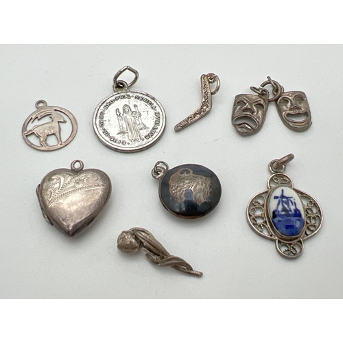 101 - 8 small silver and white metal pendants/charms. To include a heart shaped locket, Comedy and Tragedy... 