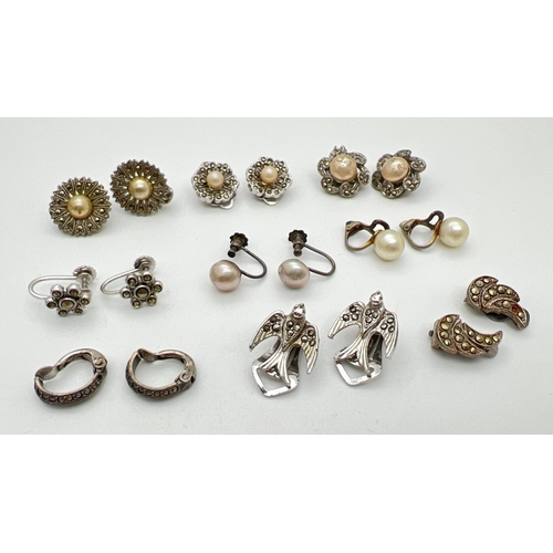 108 - 9 pairs of vintage clip on and screw back earrings to include silver, set with marcasite and some al... 