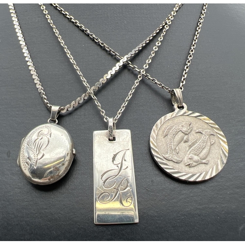 119 - 3 silver and white metal pendant necklaces. A circular shaped Pisces white metal pendant on a silver... 