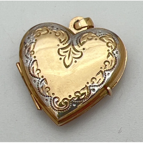 125 - A 9ct gold heart shaped locket with floral engraved detail to front and brushed gold design to back.... 