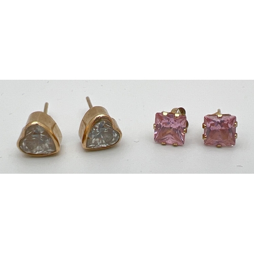 166 - 2 pairs of 9ct gold stone set stud earrings. A pair set with square cut pale pink stones together wi... 