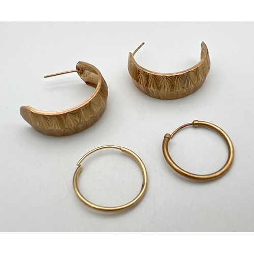 172 - 2 pairs of gold hoop style earrings. A small pair of full hoops marked 9K together with a pair of vi... 