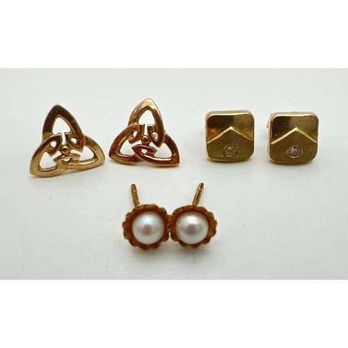 177 - 3 pairs of gold stud style earrings. A square pair set with a single clear white stone, a small pair... 