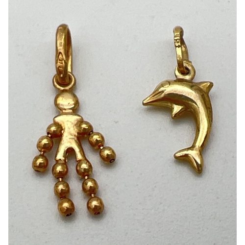 182 - 2 9ct gold pendant/charms. A small dolphin together with a figure with bead detail to arms and legs.... 