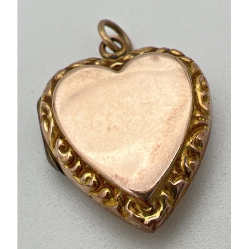 191 - A 9ct gold front and back heart shaped locket with floral decoration to edges. Gold marks to back of... 