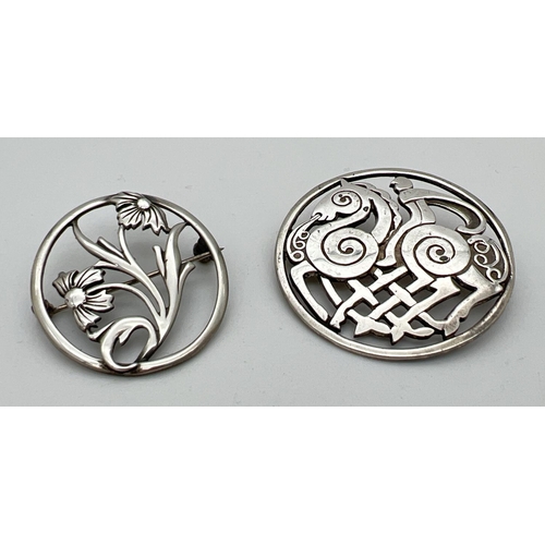 207 - 2 silver circular shaped pierced work brooches. A Shetland brooch depicting Odin's Horse and brooch ... 