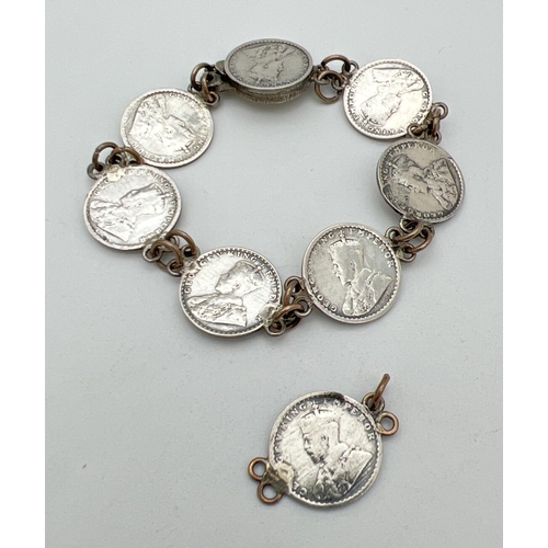 218 - A bracelet made from George V silver Indian Annas coins dating from 1912-1917. Handmade, with push c... 