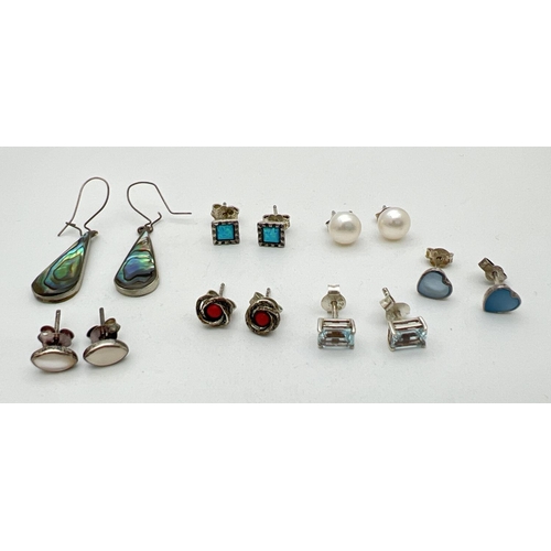 220 - 7 pairs of stud and drop style silver and white metal earrings. To include pearl studs, abalone shel... 