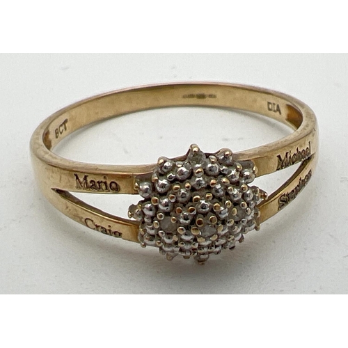 250 - A 9ct gold diamond cluster dress ring with 4 engraved names to shoulders 