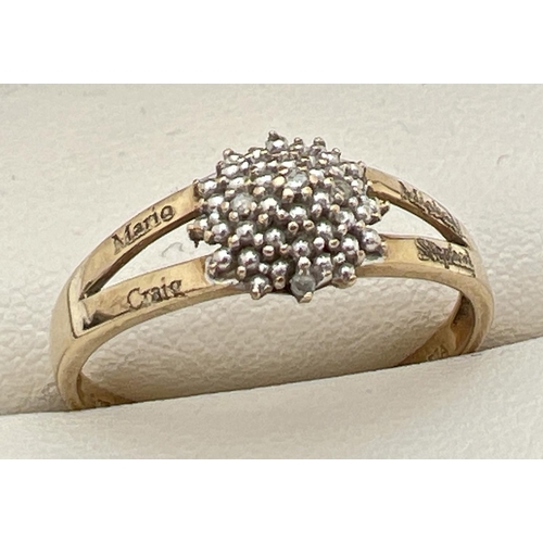 250 - A 9ct gold diamond cluster dress ring with 4 engraved names to shoulders 