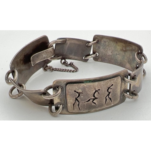 267 - A sterling silver Haglund handmade South African 7 panel bracelet with hook clasp and safety chain. ... 