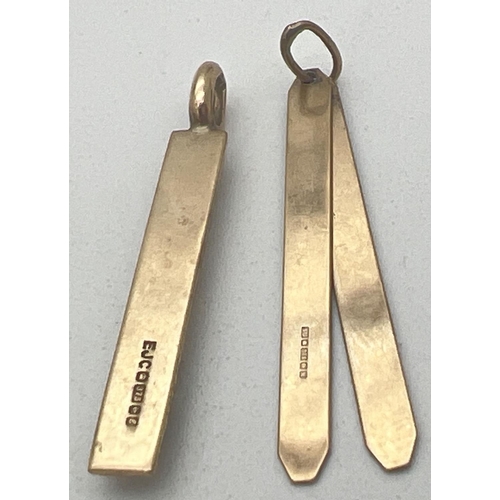 285 - 2 9ct gold pendants. A double bar pendant with 