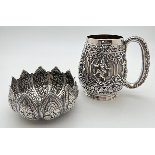 1120 - 2 vintage pieces of repousse Asian white metal. A bowl modelled as a lotus flower with decorative fl...