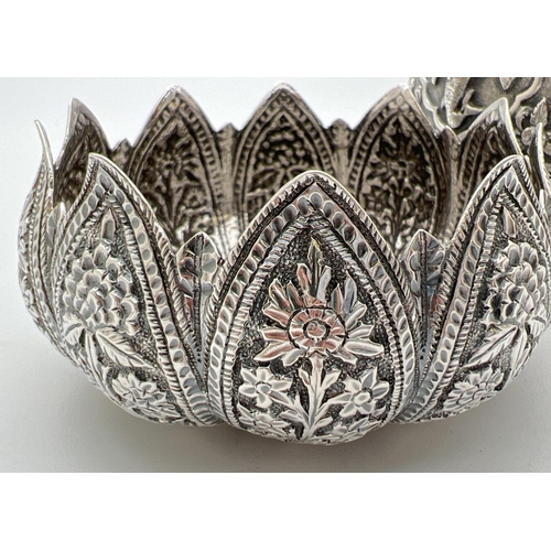 1120 - 2 vintage pieces of repousse Asian white metal. A bowl modelled as a lotus flower with decorative fl... 