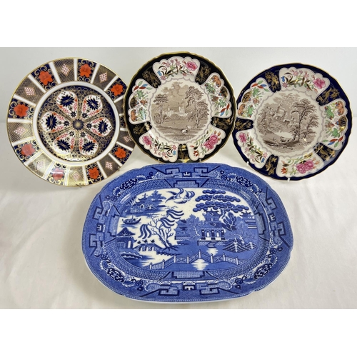 1166 - 4 ceramic plates. An Allertons Ltd 1920's ceramic Willow pattern meat plate A Royal Crown Derby 10.5... 