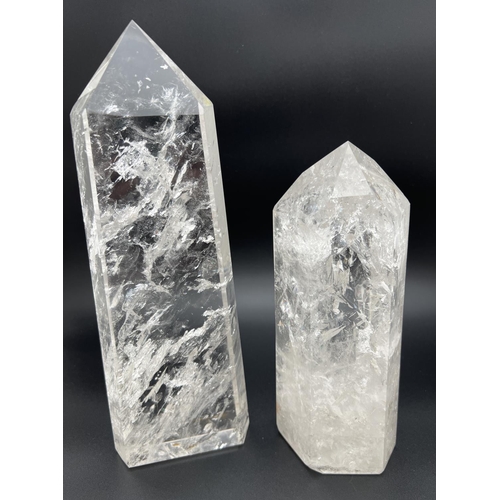 1269 - 2 large clear crystal quartz obelisk wand points with natural clear and white formations. Largest ap... 