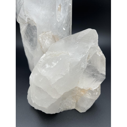 1271 - A large clear crystal quartz wand with multiple cluster detail. Natural white, black and orange colo... 