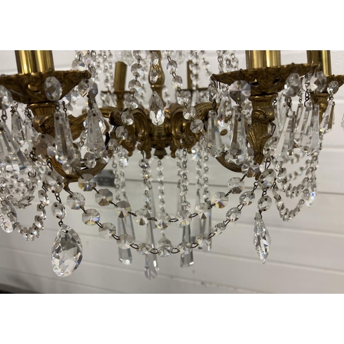 1272 - A vintage 8 arm brass and crystal chandelier ceiling pendant, with electrical wiring. Crystal drops ... 