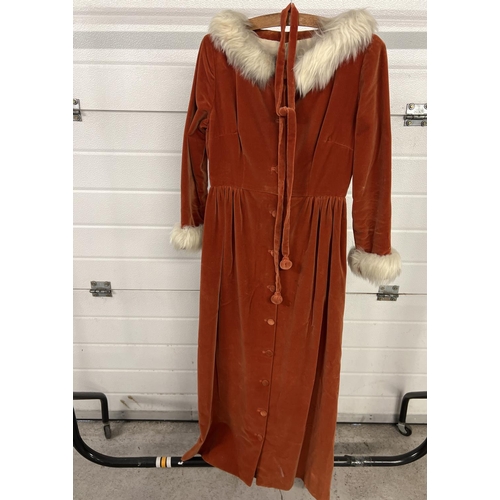 1311 - A vintage handmade burnt orange velvet coat dress with gathered waist, front button fastening, faux ... 