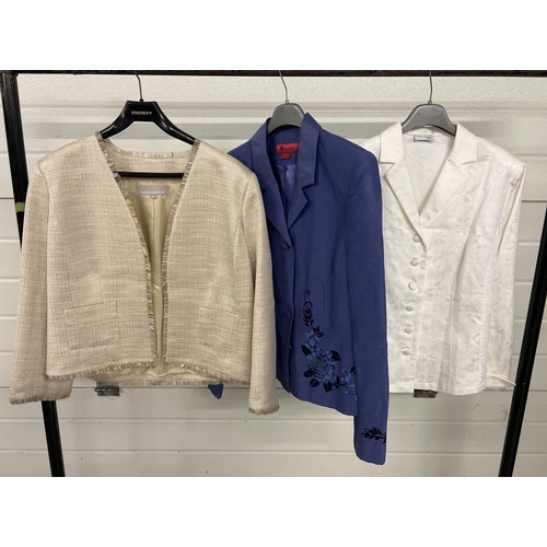 1319 - 3 ladies short jackets. To include blue linen jacket with floral design by Monsoon, size 16, and a p... 