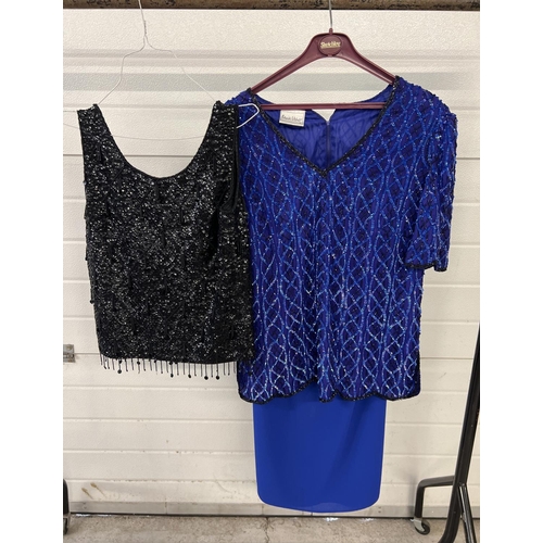 1324 - A heavily beaded top, in blue, with matching plain skirt by Frank Usher, size M. Together with a sle... 