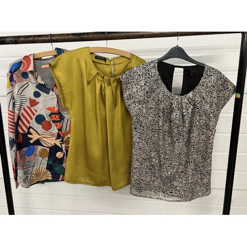 1327 - 3 designer tops. An abstract design blouse by Vilagallo, size 44, a mustard patterned top by Apanage... 