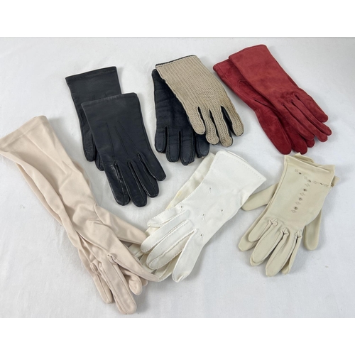 1332 - 6 pairs of ladies vintage gloves to include red suede, black leather, pale pink evening gloves and c... 