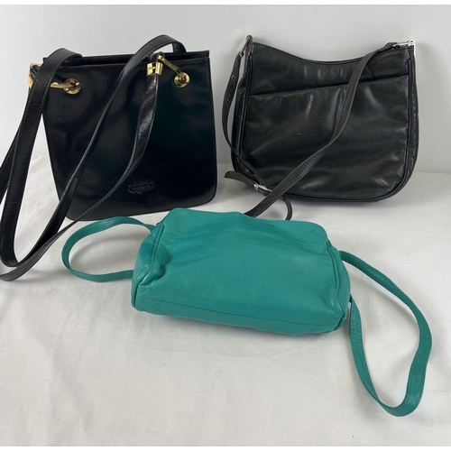 1335 - 3 leather handbags. 2 black shoulder bags by Jane Shilton together with a small jade green shoulder ... 