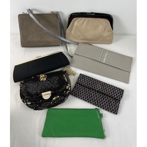 1336 - 7 evening and clutch bags. To include green leather wrist bag, sequined shoulder bag, black satin ev... 