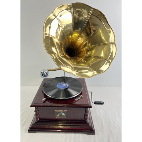 1241 - A reproduction wooden cased table top, wind up, trumpet gramophone marked 