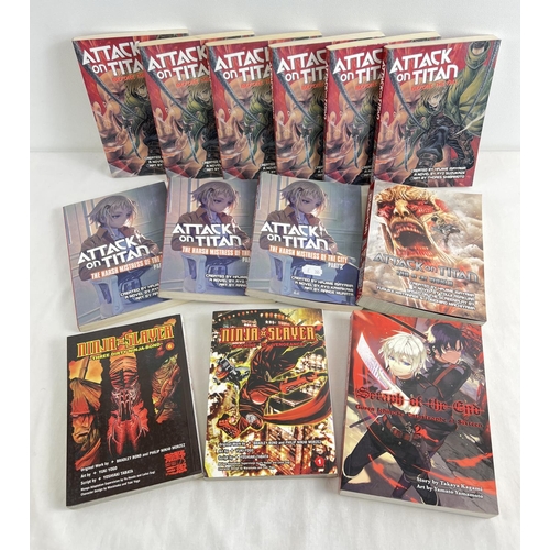 1243 - 13 assorted paperback manga and light novels, to include Attack on Titan, Seraph and Ninja Slayer. L... 