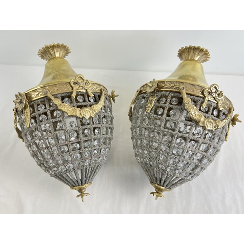 1278 - A pair of large, heavily beaded, Empire style ceiling pendant lampshades. Brass with glass beads and... 