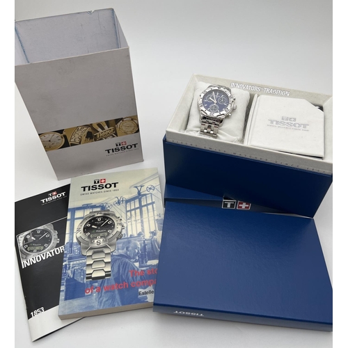 1107 - A boxed Tissot T362/462K chronograph wrist watch. Stainless steel case and strap with blue face and ... 