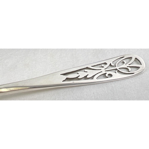 1127 - A late 1940's silver pair of salad servers with decorative pierced detail to handles, in original ve... 