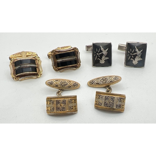 1047 - 3 pairs of vintage cuff links to include a pair of Siam Silver cuff links with black detail to front... 