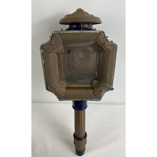 1147 - 2 vintage metal carriage lanterns in blue and burgundy, with leaf detail to metal work. One has elec... 