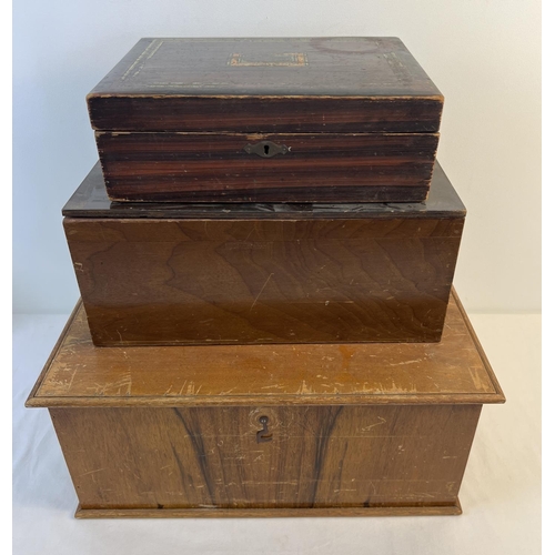 1289 - 3 vintage wooden boxes to include light wood box with baize lined interior & lift out tray and jewel... 