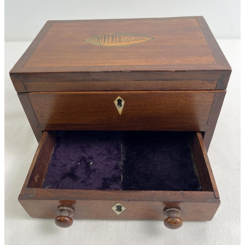 1054 - A Georgian fruit wood jewellery box with mother of pearl escutcheons and coloured inlaid shell detai... 