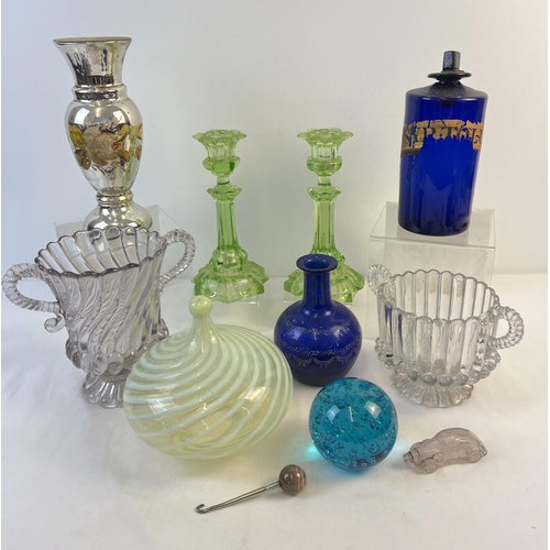 1206 - A collection of antique and vintage glass ware. To include a blue apothecary bottle with stopper, gr... 