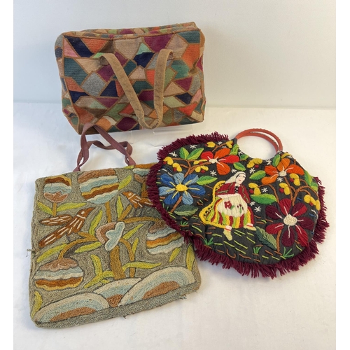 1355 - 3 vintage bags with tapestry and wool detail. To include colourful abstract design tapestry canvas g... 