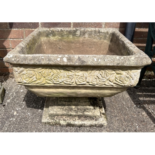 1484 - A large square shaped 2 sectional concrete garden planter with pedestal base and rose design border.... 