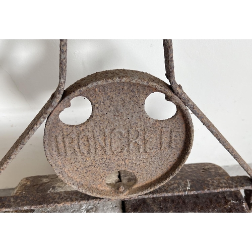 1494 - A vintage Ironcrete garden roller with cast iron and wooden handle. Named on ends on concrete roller... 