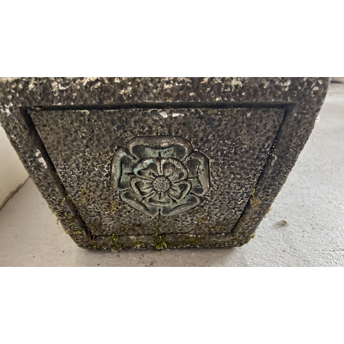 1495 - A small pair of square shaped concrete garden planters with tudor rose and acorn design to sides. Ap... 