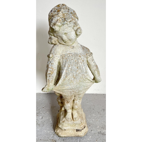 1500 - A vintage concrete garden ornament of a young girl stood on a stepped pedestal base. Approx. 57cm ta... 